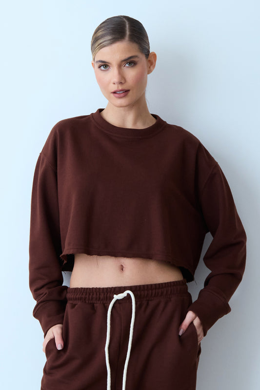 BLUSA MANGA LONGA MOLETOM GOLA CARECA BARRA DESCONSTRUIDA MARROM