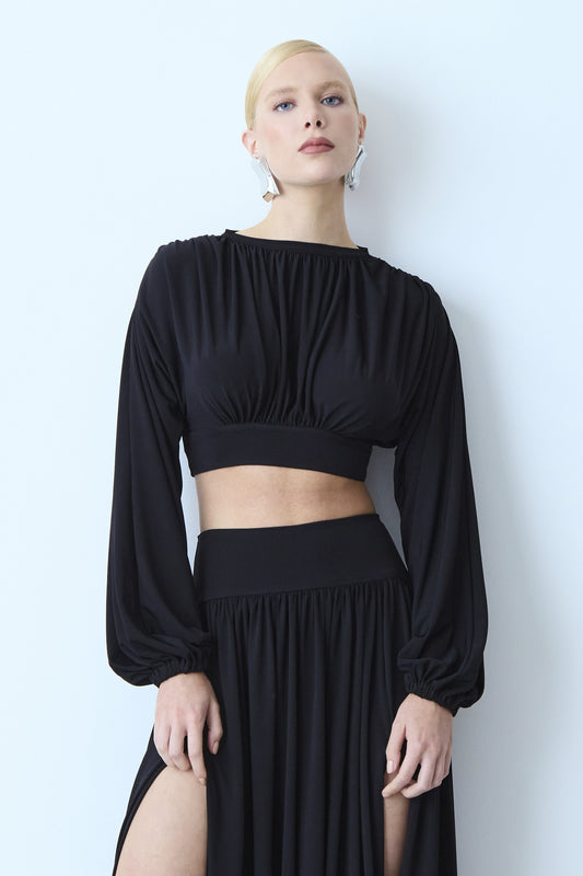 BLUSA MANGA LONGA FLUIDA ACINTURADA ZIPER DE METAL COSTAS PRETO