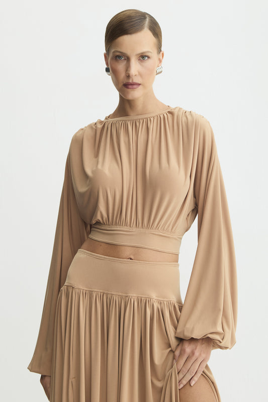 BLUSA MANGA LONGA FLUIDA ACINTURADA ZIPER DE METAL COSTAS BEGE CAMELO