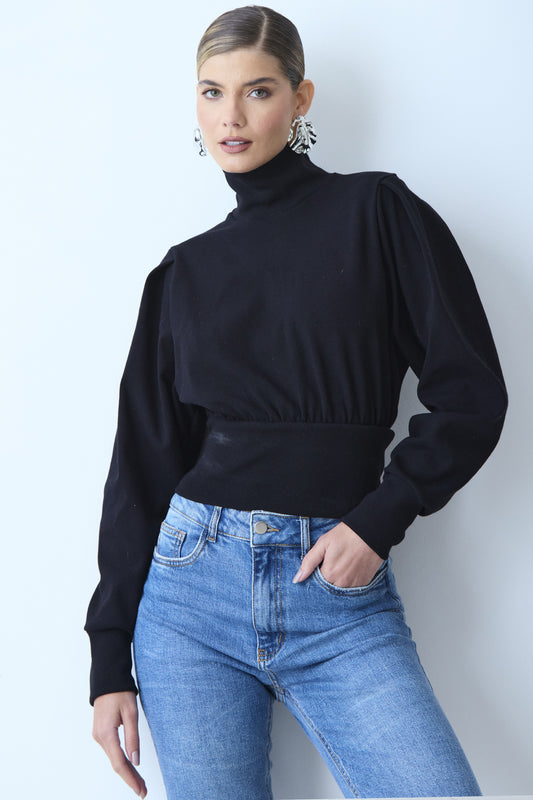 BLUSA MANGA LONGA GOLA ALTA AJUSTADA NA CINTURA PRETO