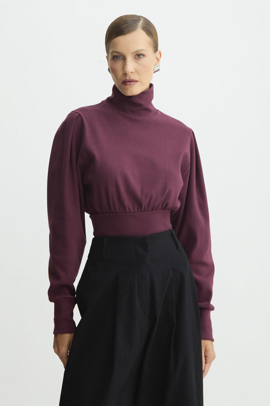 BLUSA MANGA LONGA GOLA ALTA AJUSTADA NA CINTURA VINHO