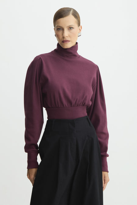 BLUSA MANGA LONGA GOLA ALTA AJUSTADA NA CINTURA VINHO