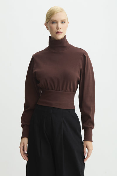 BLUSA MANGA LONGA GOLA ALTA AJUSTADA NA CINTURA MARROM