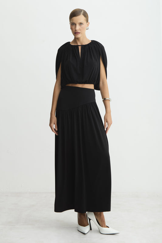 SAIA MIDI COS LARGO ASSIMETRICO COM BARRA FLUIDA PRETO