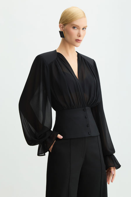 BLUSA MANGA LONGA COM TRANSPARENCIA E ACINTURADA PRETO