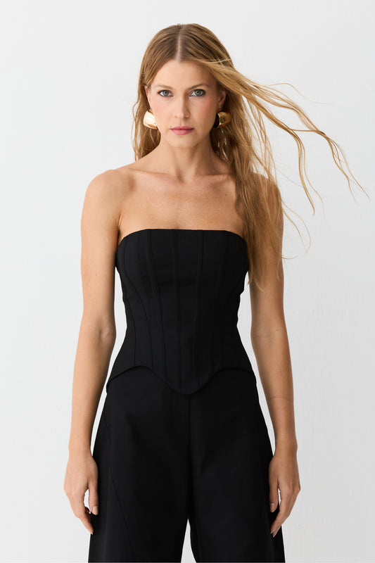 CROPPED TOMARA QUE CAIA COM RECORTE NA  BARRA E BARBATANAS PRETO