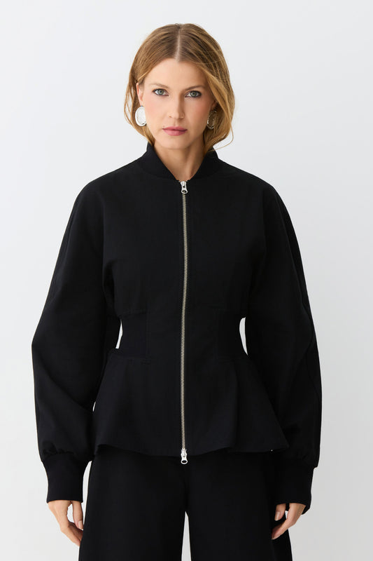 JAQUETA MANGA LONGA COM ZIPER DE METAL PEPLUM ACINTURADA PRETO