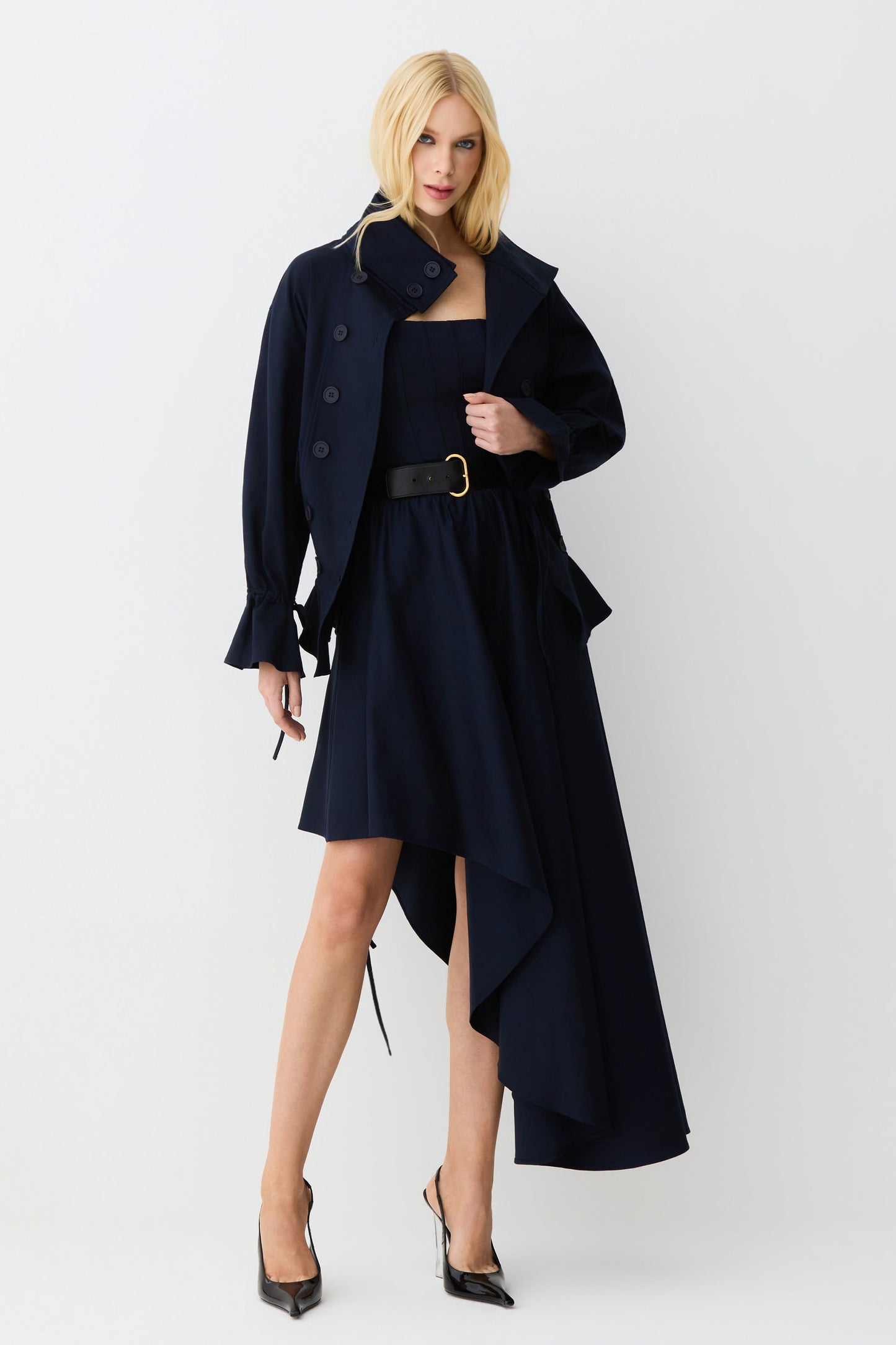 SAIA MIDI COS COM PASSANTES E BARRA ASSIMETRICA AZUL MARINHO