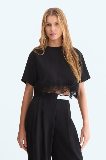 BLUSA MANGA CURTA FLUIDA COM DETALHE RENDA BARRA PRETO
