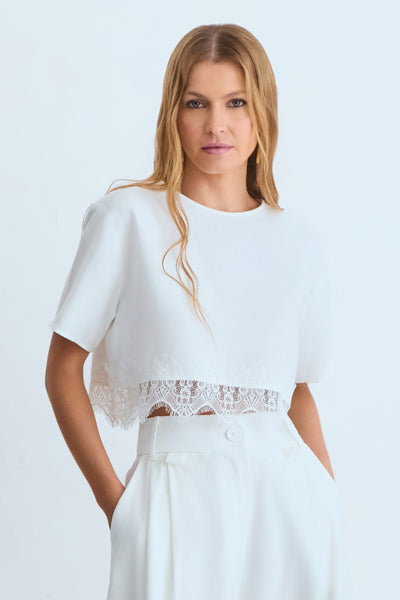 BLUSA MANGA CURTA FLUIDA COM DETALHE RENDA BARRA OFF WHITE