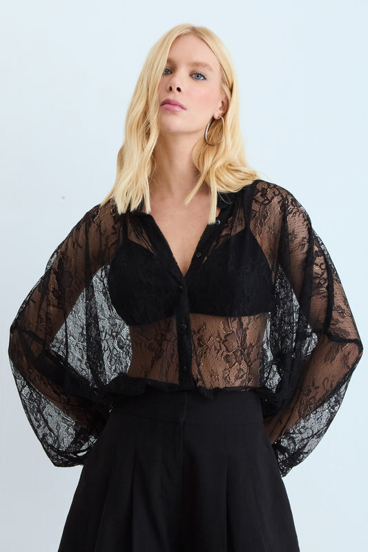 CAMISA MANGA COMPRIDA EM RENDA COM TRANSPARENCIA PRETO