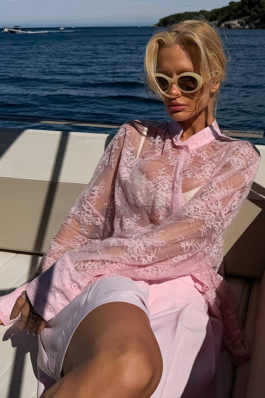 CAMISA MANGA COMPRIDA EM RENDA COM TRANSPARENCIA ROSA BEBE