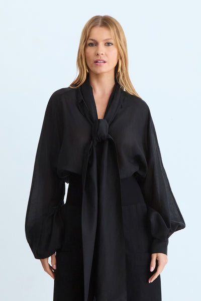 BLUSA MANGA LONGA FLUIDA COM TRANSPARENCIA E FAIXA PRETO