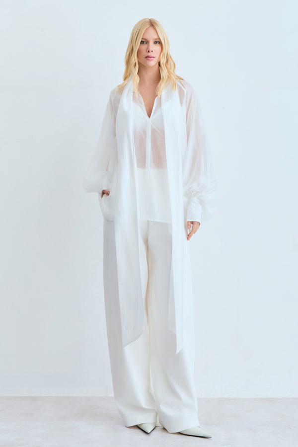 BLUSA MANGA LONGA FLUIDA COM TRANSPARENCIA E FAIXA OFF WHITE