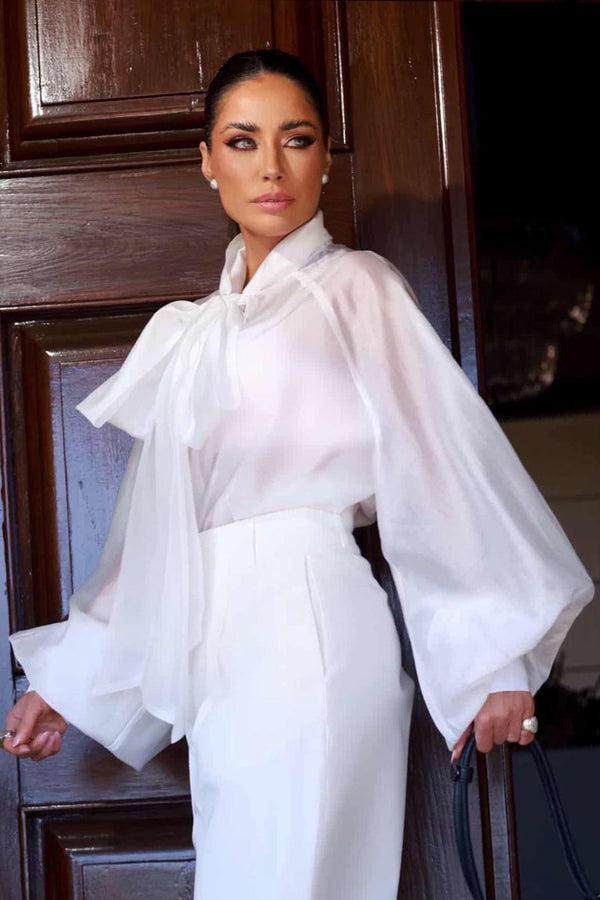 BLUSA MANGA LONGA FLUIDA COM TRANSPARENCIA E FAIXA OFF WHITE