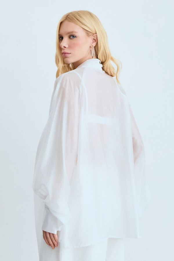 BLUSA MANGA LONGA FLUIDA COM TRANSPARENCIA E FAIXA OFF WHITE