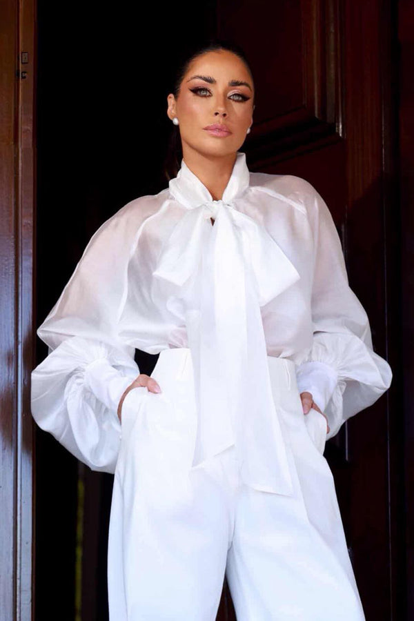 BLUSA MANGA LONGA FLUIDA COM TRANSPARENCIA E FAIXA OFF WHITE