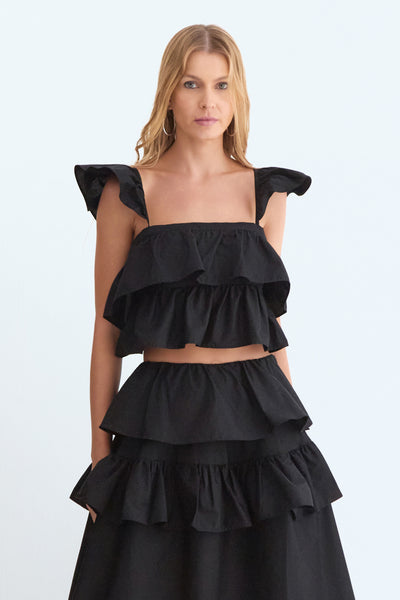 BLUSA DE ALCA COM BABADOS CORPO E ALCA PRETO