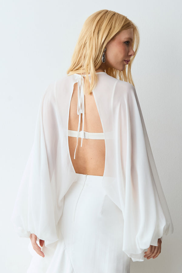 BLUSA CAPA ABERTURA FRONTAL MANGAS BUFANTES OFF WHITE