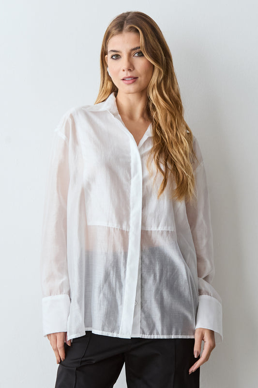 CAMISA MANGA COMPRIDA COM FLUIDEZ E TRANSPARENCIA OFF WHITE
