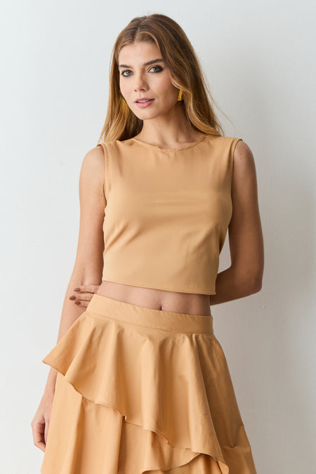 BLUSA SEM MANGA COM AMARRACAO COSTAS DOCE DE LEITE