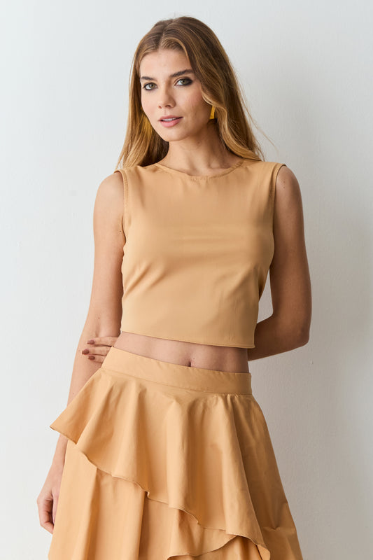 BLUSA SEM MANGA COM AMARRACAO COSTAS DOCE DE LEITE