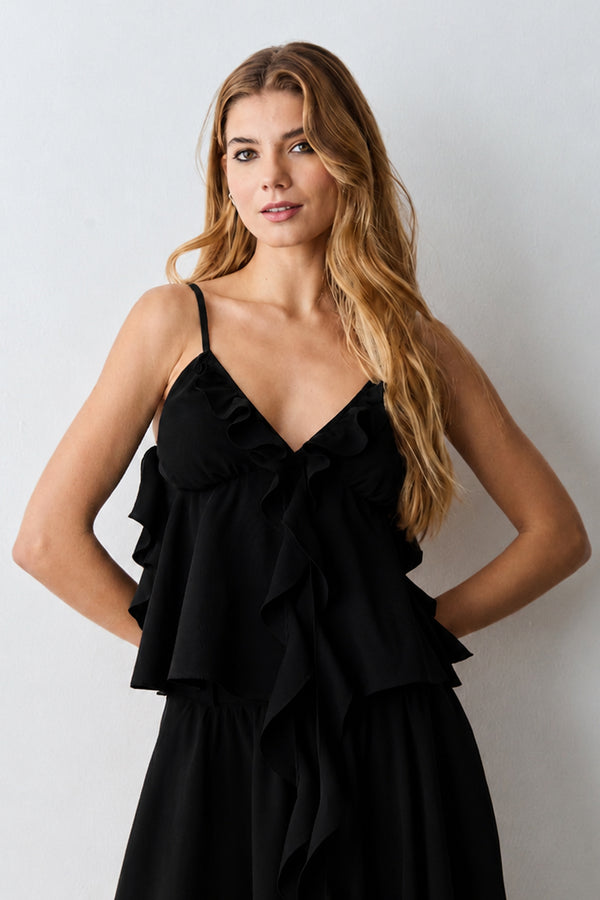 BLUSA REGATA COM BABADOS E DETALHE CENTRAL PRETO