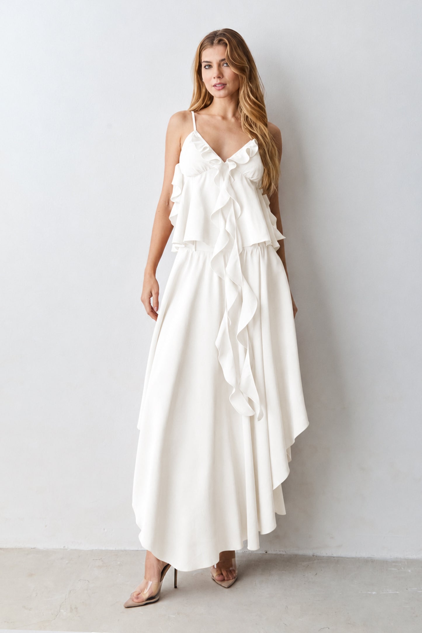 BLUSA REGATA COM BABADOS E DETALHE CENTRAL OFF WHITE