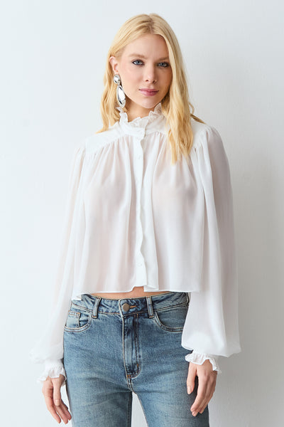 BLUSA MANGA LONGA FLUIDA FRANZIDOS GOLA E CORPO OFF WHITE