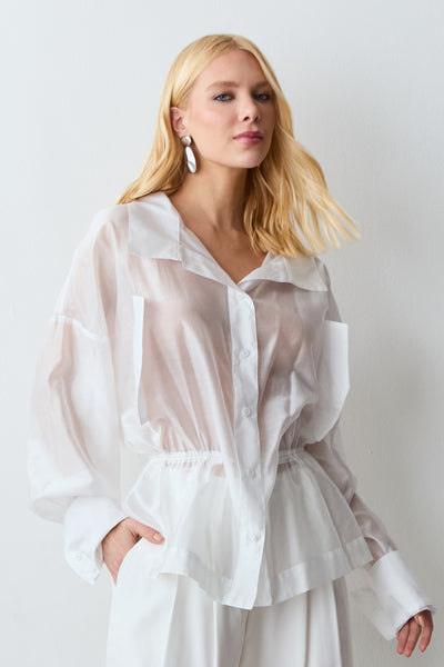 CAMISA MANGA COMPRIDA COM AMARRACAO CINTURA E TRANSPARENCIA OFF WHITE