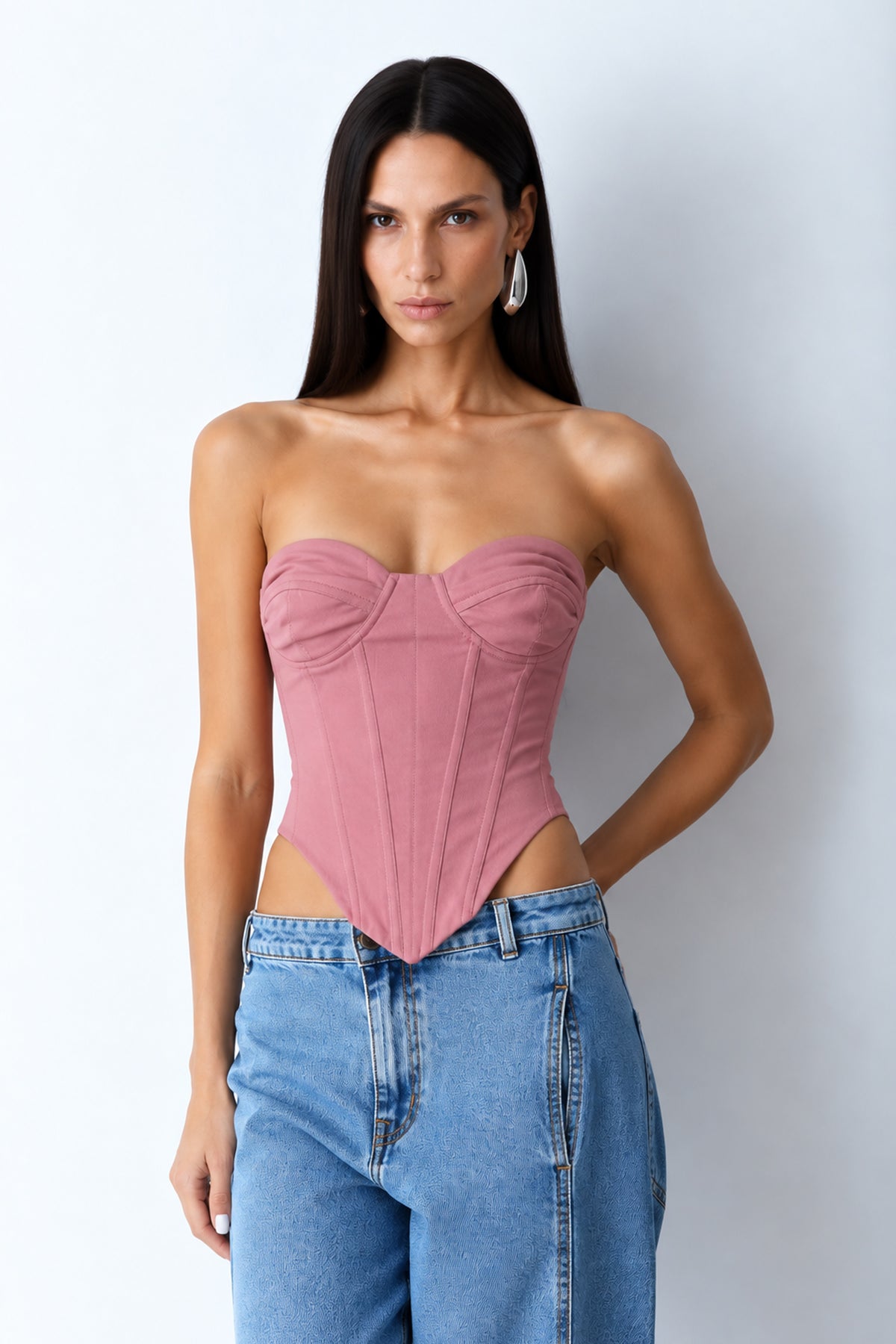 CROPPED TOMARA QUE CAIA ESTRUTURADO COM RECORTES PESPONTADOS ROSA PETALA