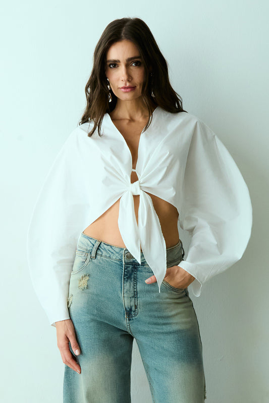 BLUSA MANGA LONGA AMPLAS COM AMARRACAO FRENTE OFF WHITE