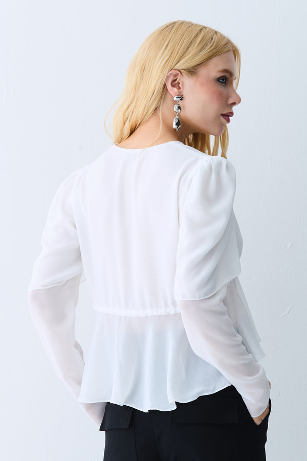 BLUSA MANGA LONGA FRANZIDOS REGULAVEIS E AMARRACAO OFF WHITE