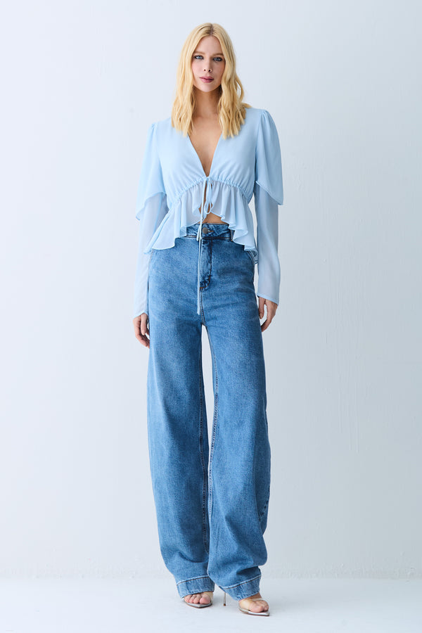 BLUSA MANGA LONGA FRANZIDOS REGULAVEIS E AMARRACAO AZUL POLAR