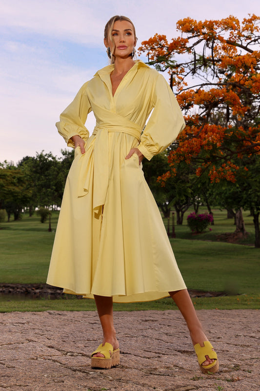 CHEMISE COM MANGAS BUFANTES E AMARRACAO AMARELO MANTEIGA