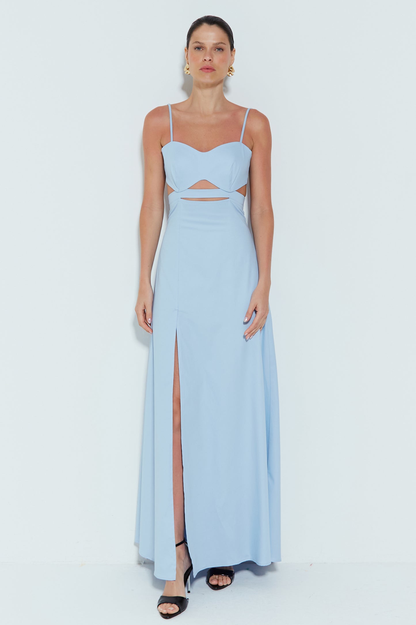 VESTIDO LONGO COM RECORTE BUSTO E AMARRACAO COSTAS AZUL BEBE